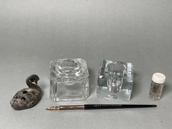 Vintage Glass Ink Wells & Cast Iron Duck Pen Holder
