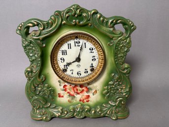 Stunning Antique Porcelain Green Wave Floral Mantel Clock