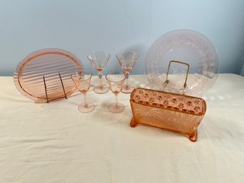 Vintage Pink Depression Glass Collection Fostoria Brocade Pink Window Box/frog, Plates & Dessert Wine Glasses