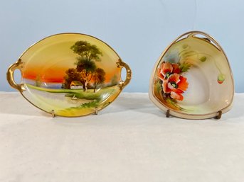 Vintage Hand Painted Nippon Veggie Bowl 7.75x5.5x1.75in And Nut Bowl 5.25x5.75x2.5in, No Chips Or Cracks