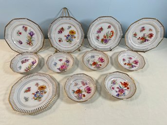 Vintage C S Bavaria Hand Painted Reticulated Pierced Edge Dish Collection, Plate 7in, Small Bowl 5in, No Chips