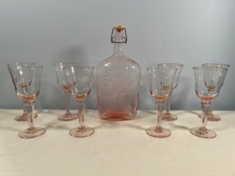 8 Handblown Pink Depression Thick Stem Wine Glasses, No Chips & Vintage Large Pink Glass Bottle Jus De Fruits