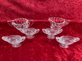 Four Cambridge Glass Salt Cellar And Vintage Heisey Crystolite Clear Glass Creamer And Sugar Bowl Set, No Chip