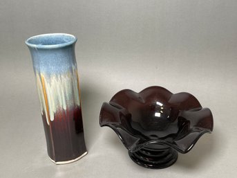 Beautiful Pottery Vase & Wavy Rim Purple Candy Dish