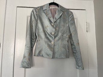 Tahari Pale Green Bamboo Patterned Silk And Rayon Blazer, Size 2