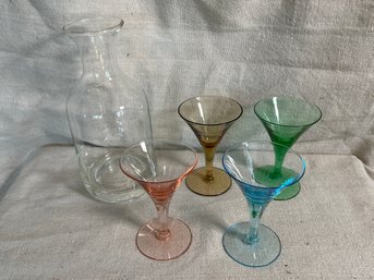 Four Handblown Cordial Glasses And A Handblown Carafe, No Chip