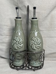 Oil/Vinegar Bottles By Square Nest Pottery 2020 With Metal Basket  11.5in