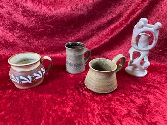 Three Hand Thrown Mugs And A Carved Soapstone Candlestick Holder, Pottery Mugs Vary In Size