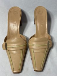 Chanel Mule Heels Beige With Gold Hardware Ladies Shoes Size 35