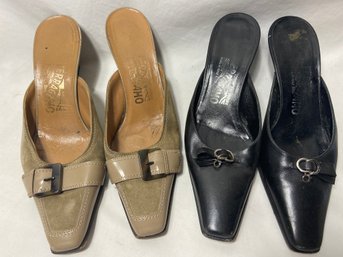 Salvatore Ferragamo Suede And Leather Mules Low Heel Size 5 Ladies Shoes