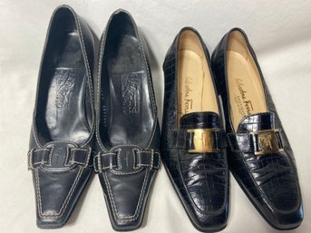 Salvatore Ferragamo Black Leather Heel & Crocodile Print Leather Loafer Size 5 Ladies Shoes