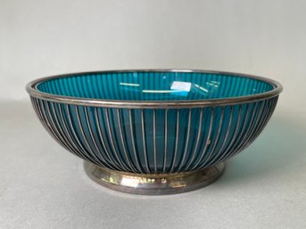 Vintage Gorham Silver Plate Wire Bowl With Swedish Aqua Glass Bowl