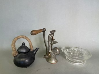 Vintage Grinder, Tea Pot & Glass Reamer