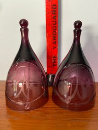 Pair Of Purple Cut Glass Bells 6in No Chips