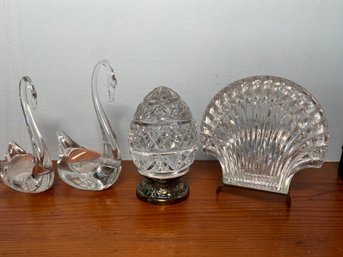 Waterford Crystal Cut Egg And Shell Tricket Dish With Lid And 2 Handblown Clear Glass Swans