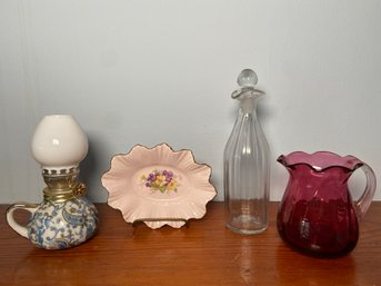 Lefton Hand Painted Mini Oil Lamp, Floral Bone China Trinket Dish, Hand Blown Cranberry Glass Creamer & Bottle