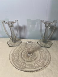 Etched Glass Plate With Center Handle And Pair Of Art Deco Style Glass Candlestick Holders No Chips