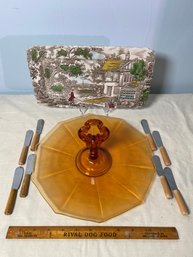 Vintage Amber Serving Plate With Center Handle, Hunter Myott Rectangle Plate, 8 Spreaders