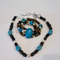 Turqoise /Tiger Eye/pearl Necklace And 3 Strand Matching Bracelet