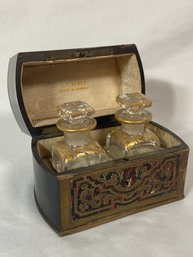 Antique L.T. Piver Paris & London Wood And Brass Perfume Scent Box 2 Gilt Leaf On Glass Bottles