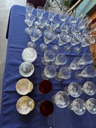 Large Lot Of Vintage Glassware With Coasters & Silverplate Shell Dishes