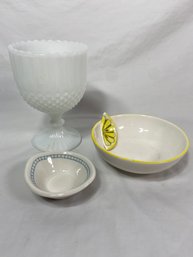 Secla Portugal Lemon Bowl, Large Milk Glass Goblet Diamond Design And Small Grace USA Trinket Dish No Chips
