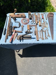 Large Antique Tool Lot Drills Wrenches Saw