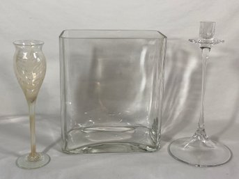 Signed Hand Blown Decorative Glass Cream Colored Swirls, Pasabahce Turkey Rectangular Vase, Glass Candlestick