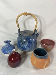 Handmade Pottery Collection - Blue Tea Pot, Bud Vases, Earthenware Vessels Bowls