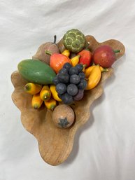 Carved Wood Basket Of Fruit