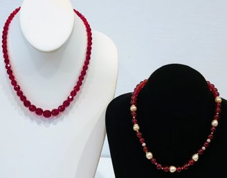 Two Vintage,  Red Graduated Crystal And Glass Beads With Pearls Necklace