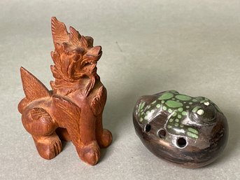 A Signed Flower Frog & Wood Carved Dragon