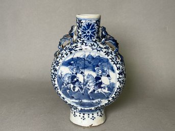Antique Blue & White Decorated Chinese Export Vase, Horsemen