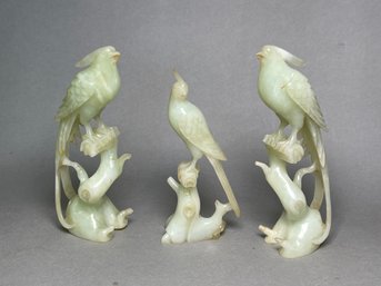 Three Asian Carved Green Stone Birds