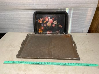Two Metal Trays 25x2x17d  Hand Painted Toile Tray 19.5x14