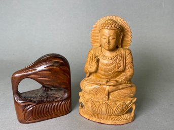 Wood Carved Buddha & Kauri Carved Piece