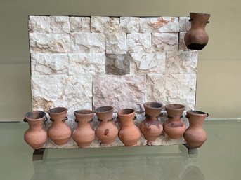 Menorah, Brass, Sandstone And Ceramic Mini Amphora Jars, 11x8.75x3.25in