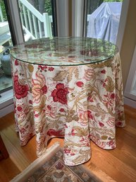 Simple Pine Table Dressed Up With Glass Round Top And Custom Table Covering, Side Table, 32x30.5in