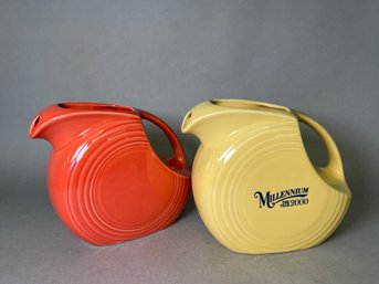 Homer Laughlin China Company Fiesta Ware Large Disc Pitchers, Persimmon & May Millenium Yellow