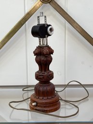 Small Carved Wooden Lamp, 12x4in, Tested And Works