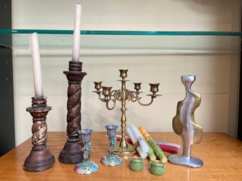 The Collection Of Candle Stick Holders, Various Sizes Plus Six New Candle Sticks