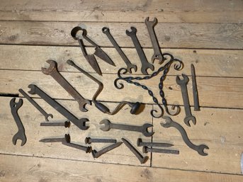 Collection Of Iron Tools Sheers Wrenches Railroad Spikes Hand Drill