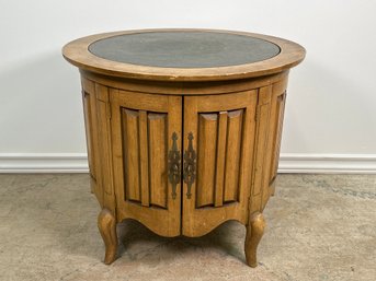 A Vintage Stone Top Carved Wood Round Side Table Cabinet