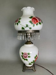 Vintage Olivia Jane Hurricane Table Lamp With Hand Painted Roses & Acrylic Crystal Gems