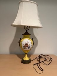 Vintage Neoclassical Cherub Lamp With Shade, Brass And Porcelain. 13.5x24in