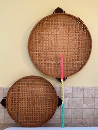 Two Large Round Sieve Woven Asian Beautiful Baskets 30x3.5x36 And 25x3x30