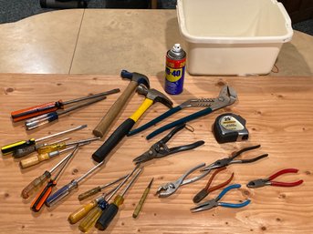 Bin Full Of Tools Tape Measure Hammers Screw Drivers Pliers