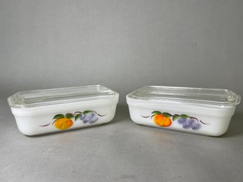 Two Vintage Fire King Handpainted Floral Lidded Ovenware Dishes