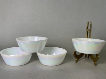 Four Vintage Federal Glass Moon Glow Opalescent Milk Glass Bowls