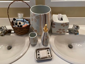 The Bathroom Collection Ceramic Soap Dispenser Bin Tissue Holder Cup And Basket Full Of Toiletries